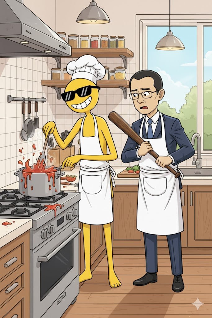BNB Guy as chef cooking with CZ in cozy kitchen