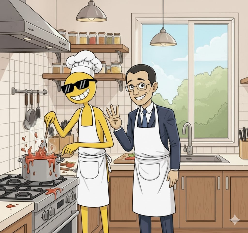 BNB Guy and CZ cooking together in kitchen with chef hats and aprons