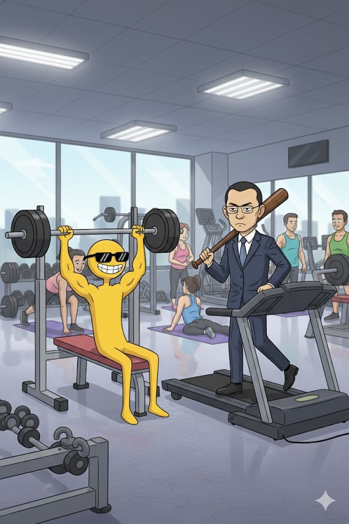 BNB Guy bench pressing weights while CZ walks on treadmill