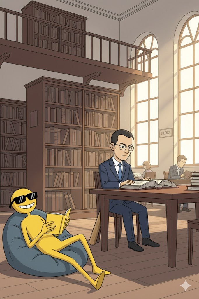 BNB Guy reading in bean bag while CZ studies in grand library