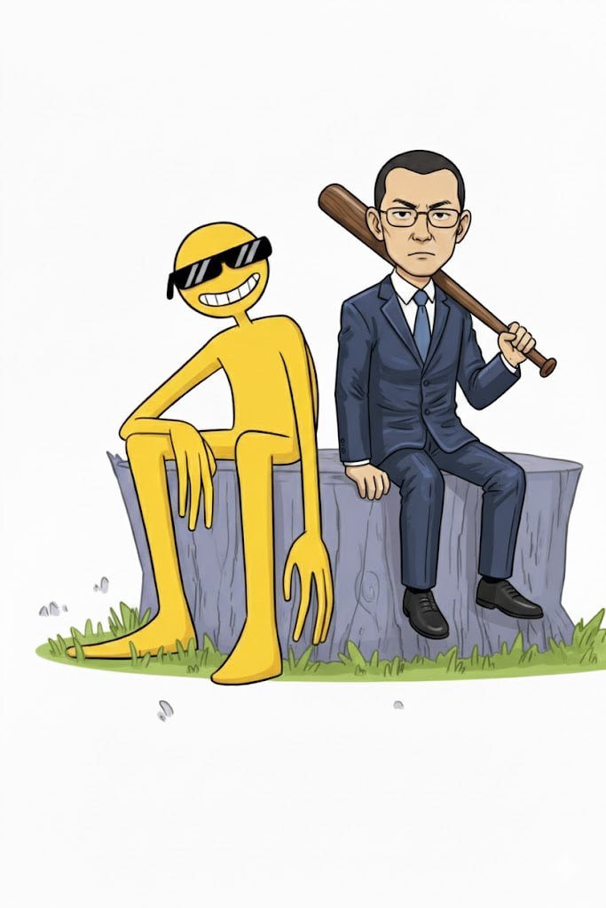BNB Guy and CZ sitting casually on tree stumps outdoors